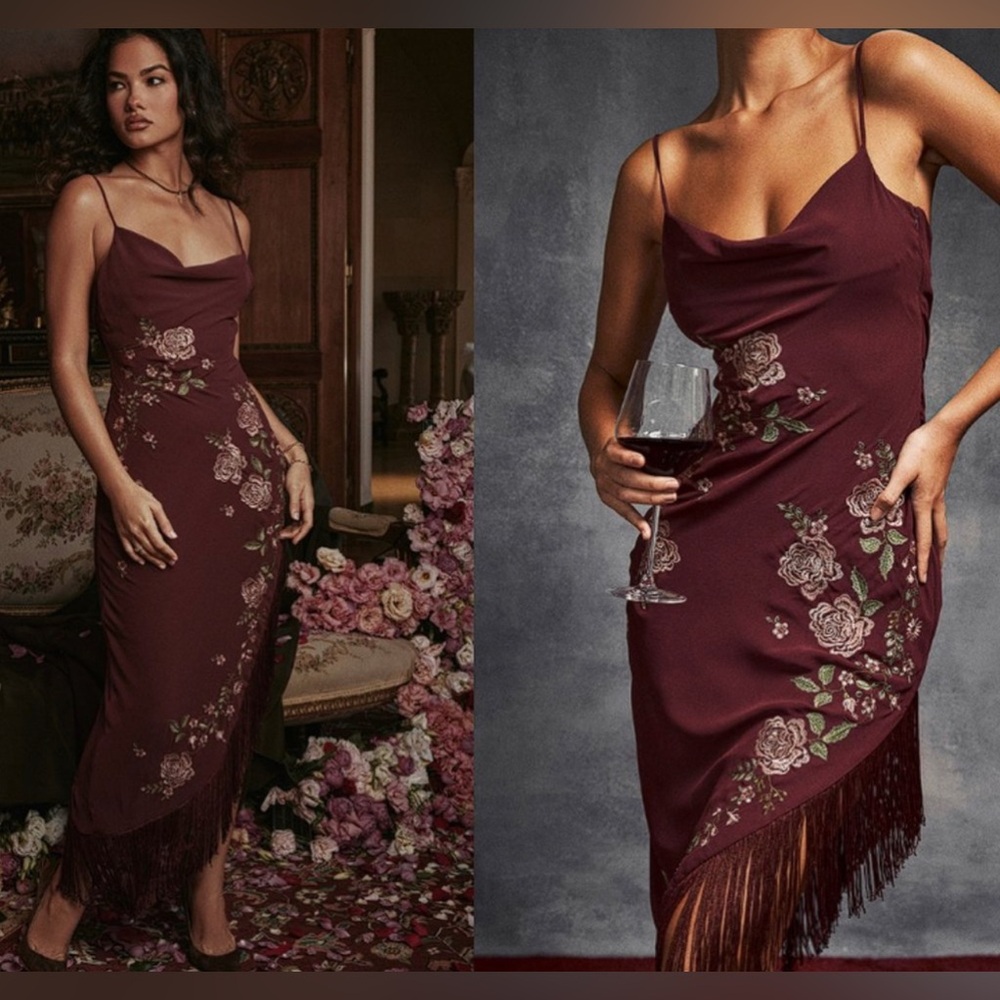 HOUSE OF CB 'Eloisa' Wine Embroidered Midi Dress size L+ - Picture 4 of 16